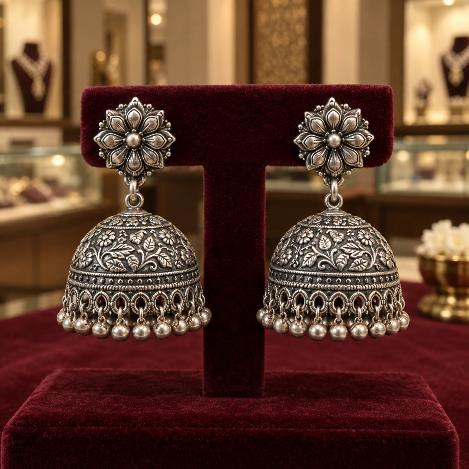Noor Oxidised Silver Jhumkas jewellery design